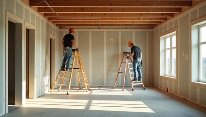 Fototapeta premium Renovation Project Underway: Empty Room with Workers
