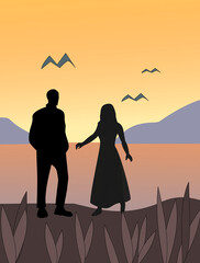 Silhouettes of a man and a woman meeting by the sea at sunset