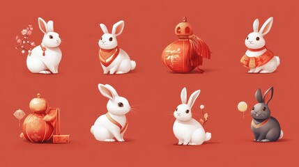 Mid autumn bunny. Chinese festival, rabbit modern character set. Asian funny flat holiday animals, oriental moon fest vector illustration