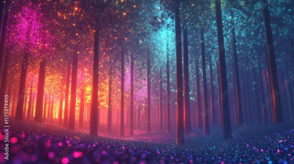 Poster enchanted forest with colorful lights and sparkling ground under a starry sky creating a magical atm
