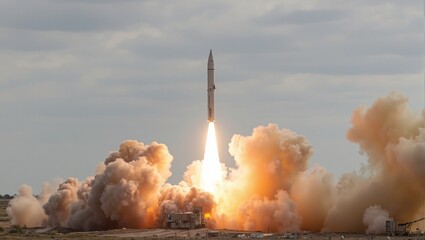 Intense missile launch with billowing smoke and fire