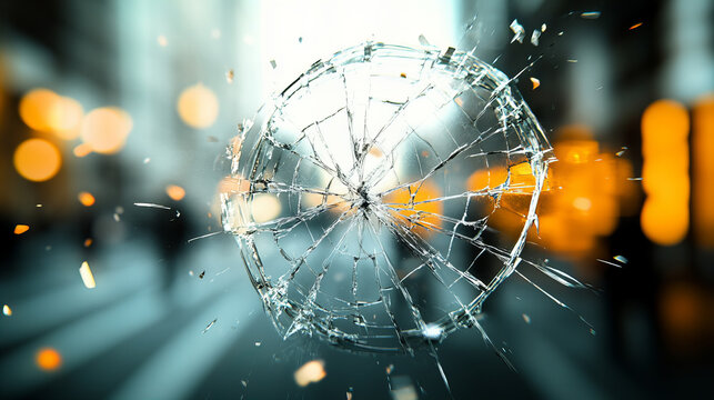 Fragmented view through a cracked riot shield during a protest in an urban setting