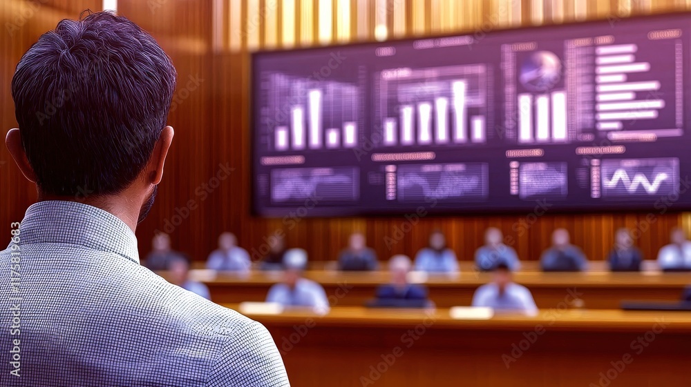 Poster a man observes a presentation with data visualizations displayed on large screens in a conference ro