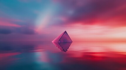 A tranquil landscape featuring a glowing pyramid reflected in calm waters, set against a backdrop of vibrant, colorful clouds.