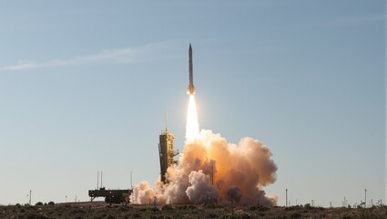 Rocket missile launching with fiery plume against clear sky