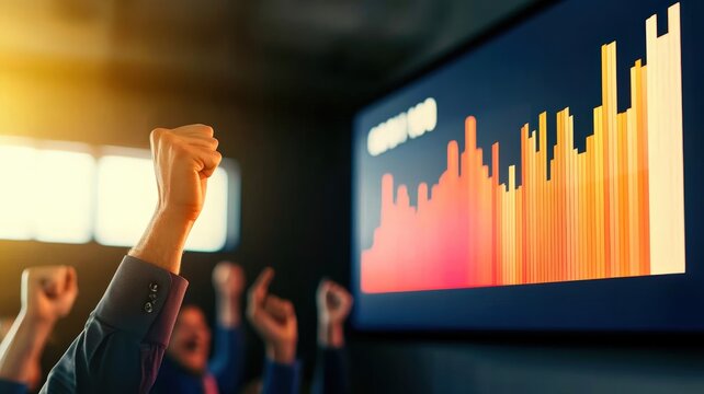 A group of people celebrates a successful outcome while viewing a vibrant, rising graph on a screen. - Powered by Adobe