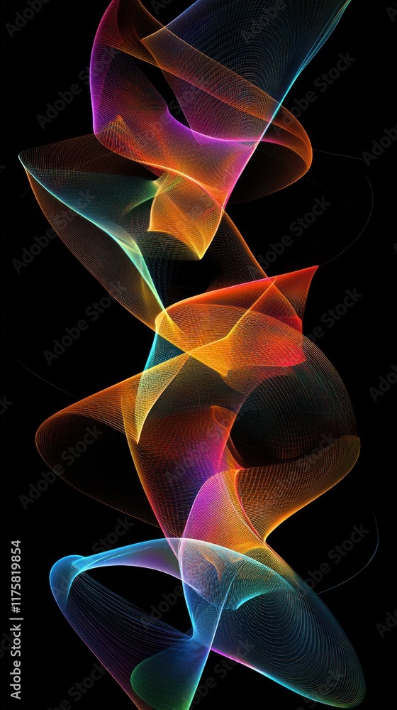 Poster vibrant abstract waves with colorful light trails creating fluid movements in a black background for