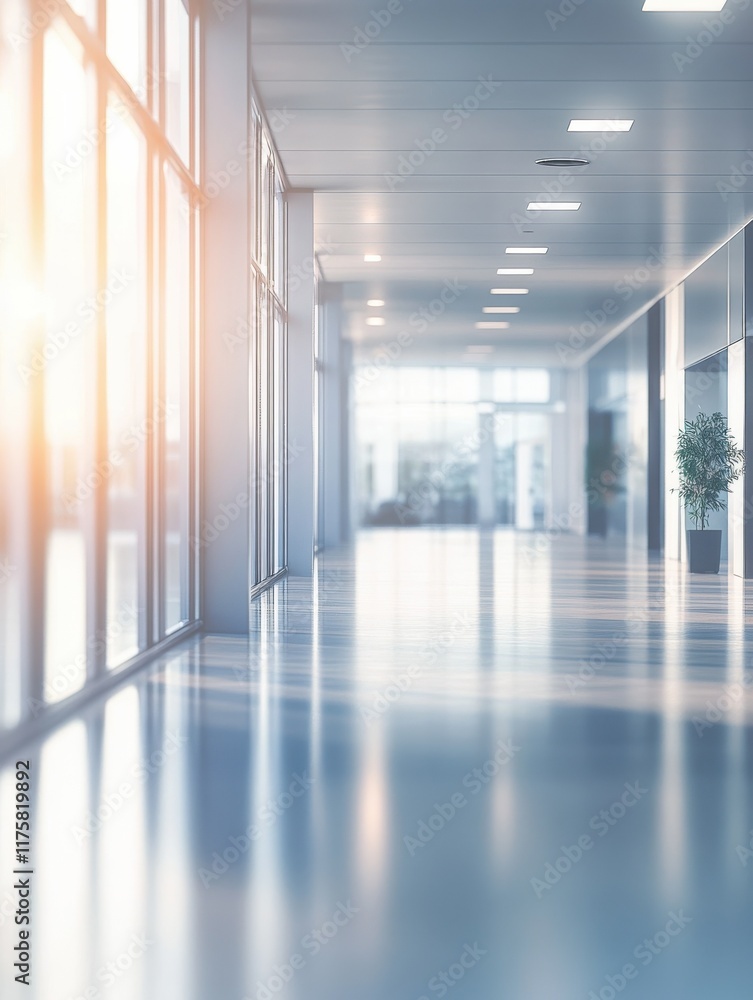 Poster a blurred view of an empty modern office space with large windows and a bright ambiance extending se
