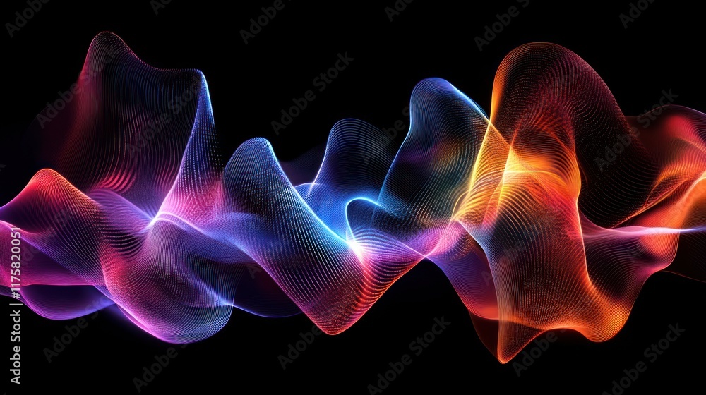 Poster colorful abstract wave pattern illustrating fluid motion and energy in digital art with smooth curve