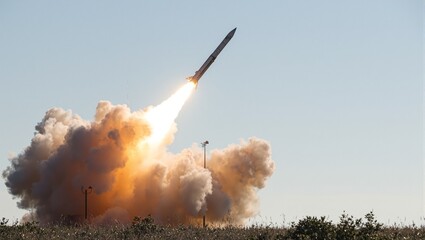 High speed military rocket missile with plume of smoke and fire in clear morning sky