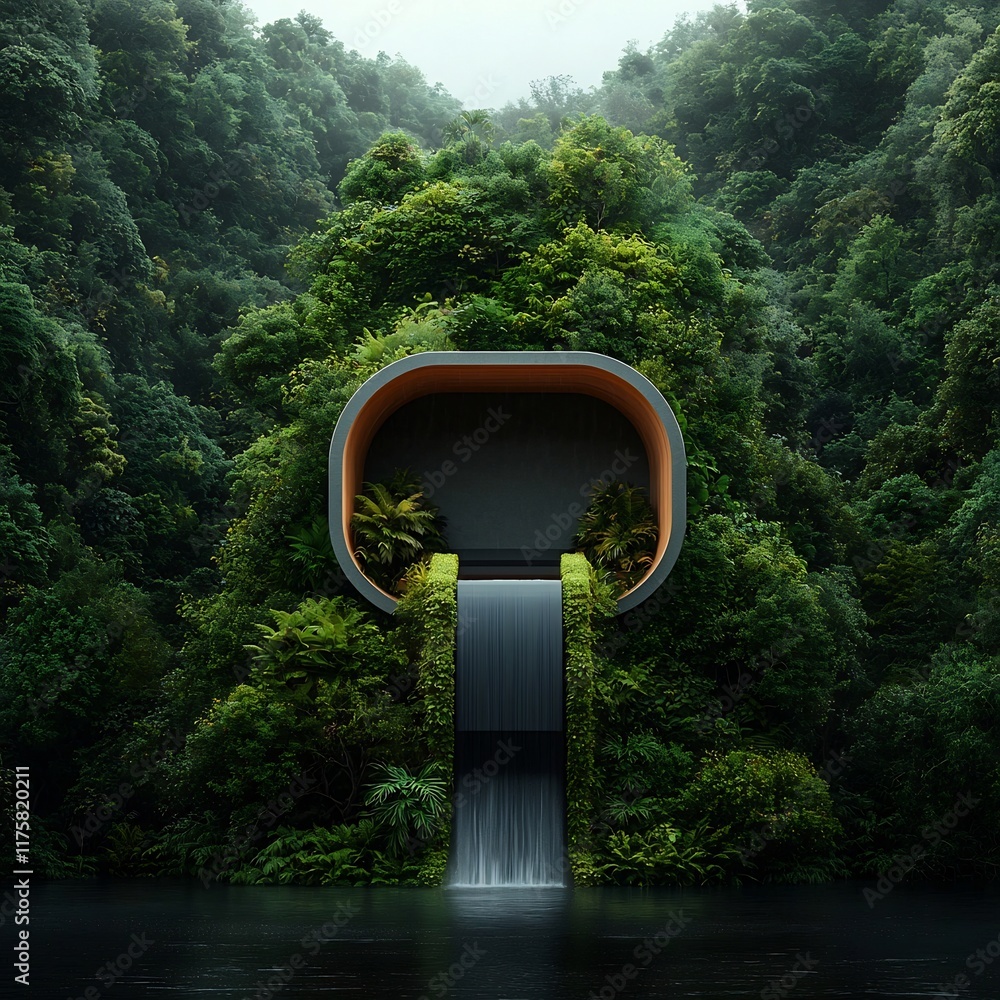 Poster captivating architectural structure that seamlessly integrates renewable hydropower collection from 