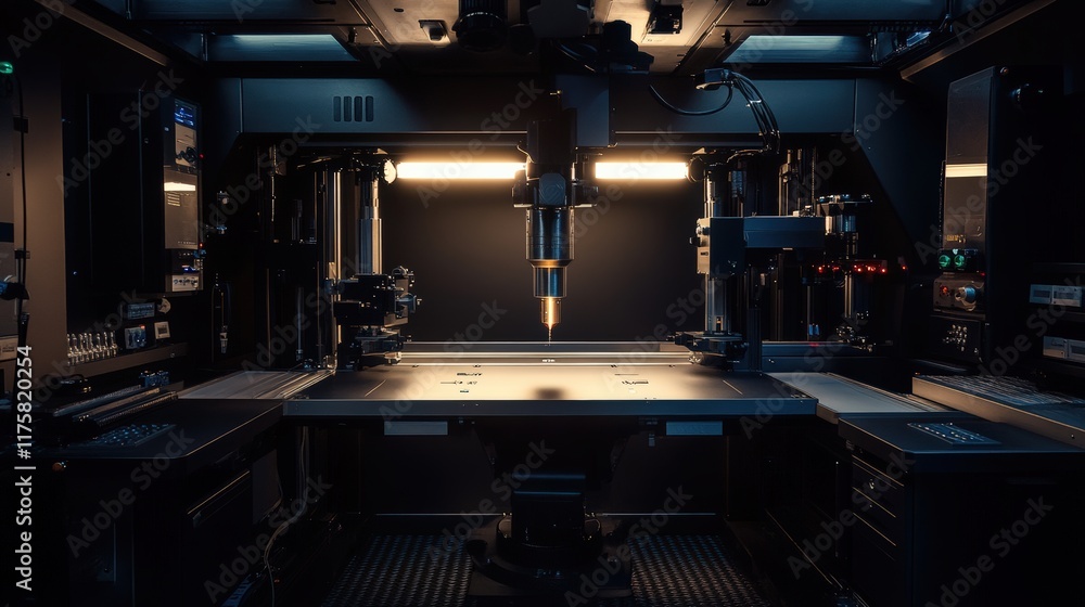 Poster high-tech precision manufacturing machine in a dark room with advanced tools and equipment for autom