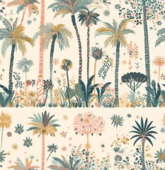 Pastel boho seamless pattern featuring palm trees, date palms, and an oasis in soft pink, green, and brown tones. Perfect for tropical-inspired decor, watercolor-style wallpaper, or vintage designs.