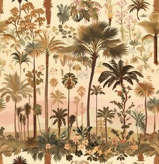 Embroidered seamless pattern of palm trees and date palms in a pastel desert setting with soft pink skies, earthy tones, and a whimsical boho design. Watercolor-inspired vintage wallpaper aesthetic.
