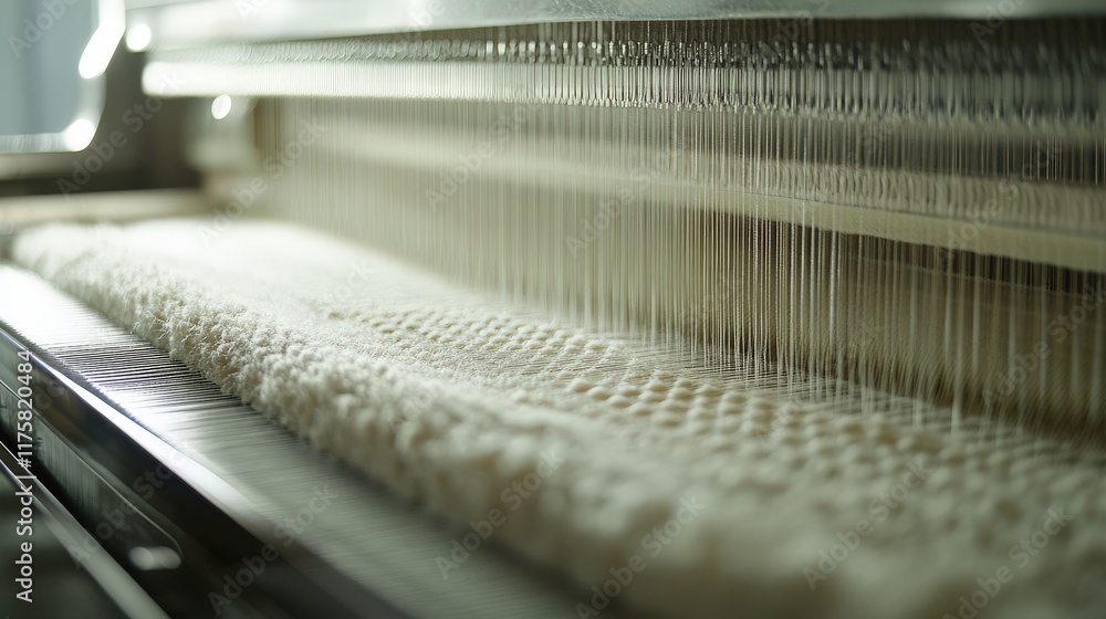 Poster close-up view of a modern textile weaving machine in action, showcasing the intricate process of fab