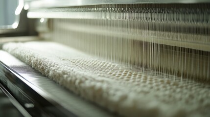 Close-up View of a Modern Textile Weaving Machine in Action, Showcasing the Intricate Process of Fabric Production and Fine Detail of Yarn and Loom Mechanics