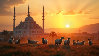 Naklejka premium Sheep stand in field at sunset with mosque in background. Traditional scene of Eid Al Adha. Religious celebration featured. Animals at center of attention. Beautiful landscape photo. Photo shows