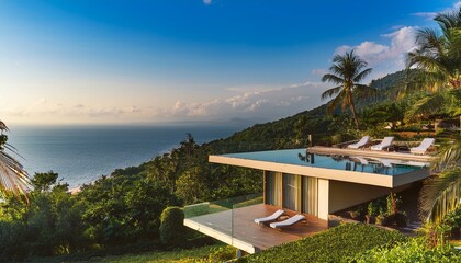 Fototapeta premium Modern Angular Luxury Tropical Villa Perched on a Lush Hillside: A Sunset Oasis with Panoramic Ocean Views, Verdant Palm Trees, and a Sparkling Swimming Pool