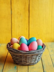 Naklejka premium easter, holidays, tradition and object concept - close up of colored eggs in basket over yellow wooden boards background
