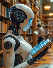 A humanoid robot stands in a library, engrossed in reading a book. The grand architecture and countless shelves of books create an impressive atmosphere of knowledge and learning.