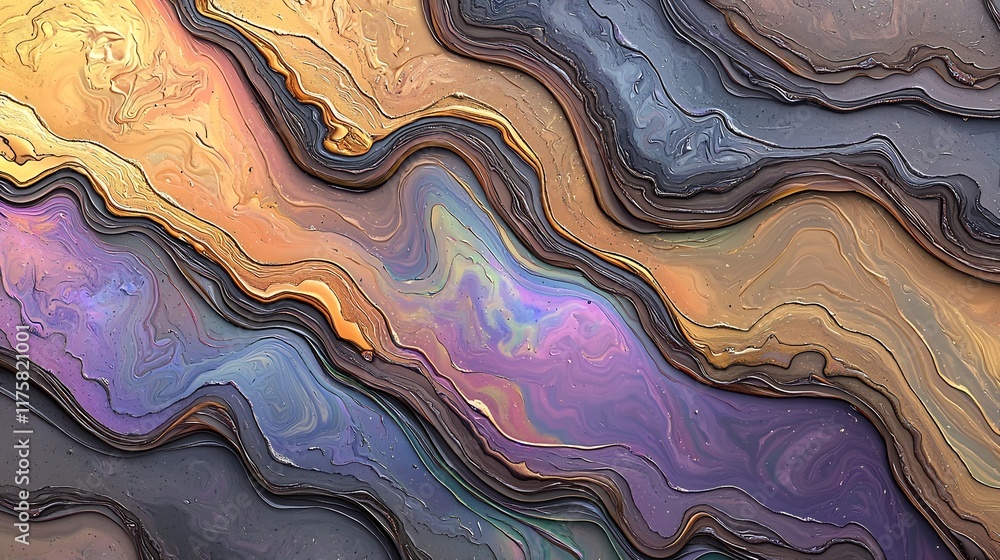 Poster mesmerizing iridescent landscape with flowing wavy shapes shimmering gradient patterns and a dynamic
