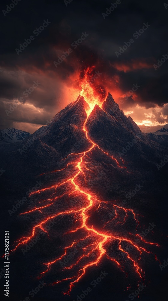 Poster rivers of incandescent lava flowing down the slopes of an erupting volcano under a dark, cloudy sky 