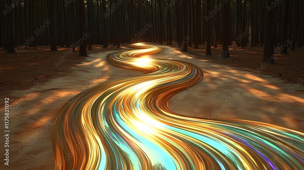 Poster mesmerizing iridescent waves in ethereal sun dappled forest clearing dynamic surreal abstract digita