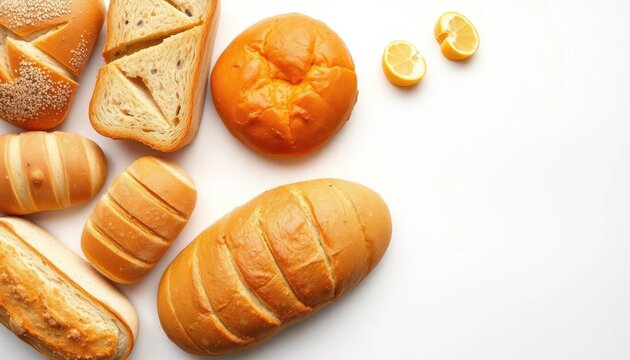 Assorted breads and lemon slices on white background, food photography for bakery menu