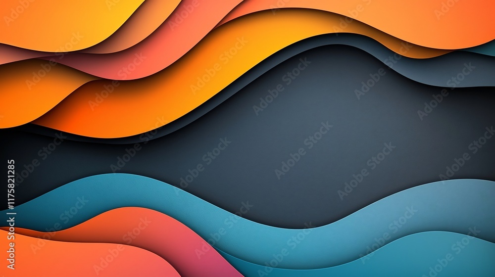 Poster mesmerizing iridescent waves in warm gradient abstract background design overlapping geometric eleme