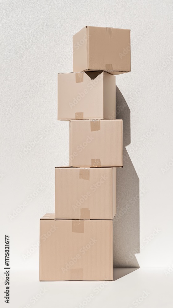 Poster five cardboard boxes taped and stacked high against a white wall casting a shadow, creating a precar