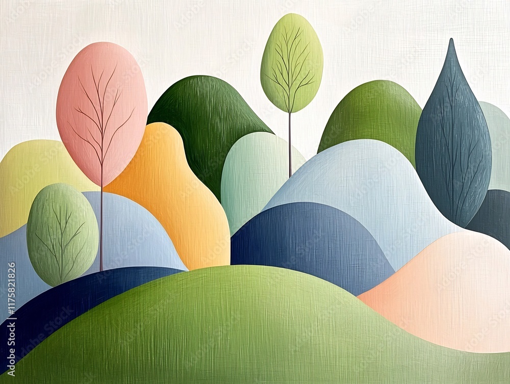 Poster harmonious and captivating abstract landscape composition featuring soft pastel toned organic forms 