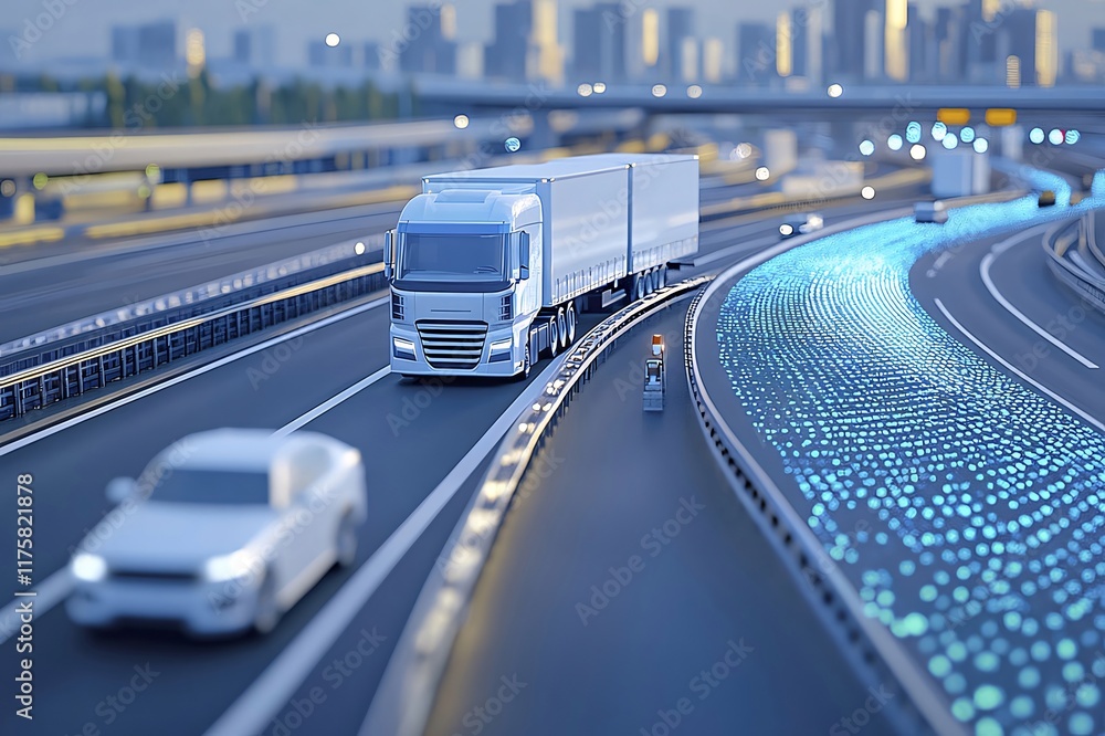 Poster autonomous truck driving on highway with digital data flow visualization.