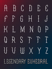 An narrow stylized uppercase alphabet set with median spurs and an angled semi serif.