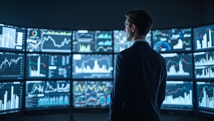 Businessman in suit studying financial charts on multiple screens intense and focused