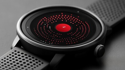 Close-up of a black smartwatch with a unique red dot matrix display.