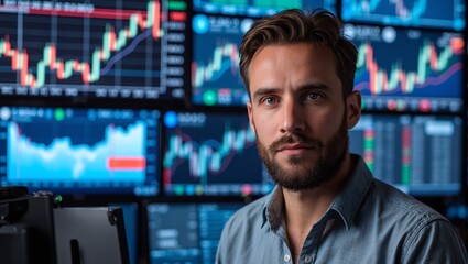 Fototapeta premium Bearded man in casual shirt standing before vibrant stock market screens