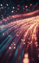 Closeup of fiber optic cables glowing with light, transmitting data through a sleek digital network, with a sense of speed and precision
