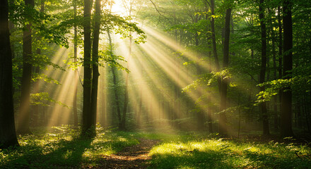 Fototapeta premium Sunbeams pierce through trees in a misty forest, creating golden light along a path through woods, showcased in nature photography.