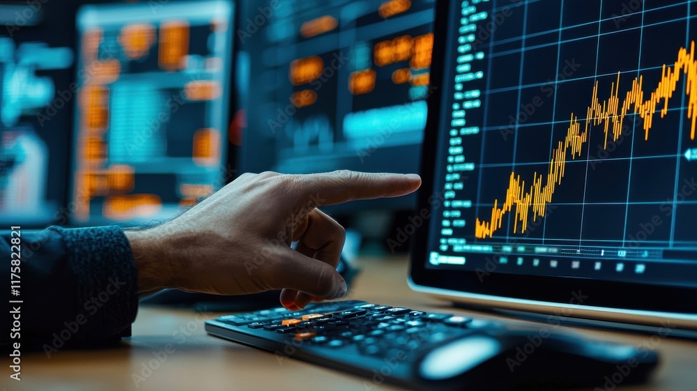Poster a person analyzing financial data on a computer screen, focusing on stock market trends and performa