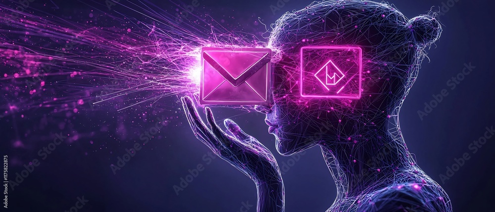 Poster symbolic depiction of interconnected global networks abstracted human form merging with mail symbol 