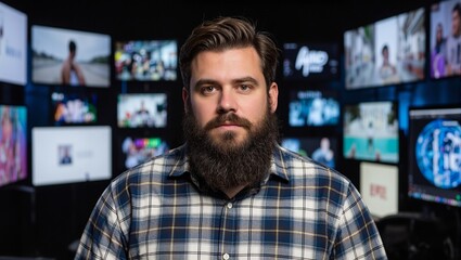 Bearded man in plaid shirt in front of colorful digital art project screens