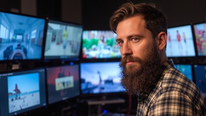 Bearded man in plaid shirt in front of colorful digital art project screens