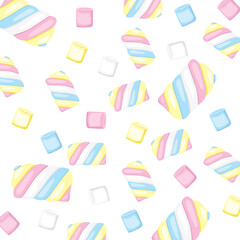 Vector illustration of seamless pattern colourful pastel marshmallows on  white background. Pastel colored sweet chewy candies