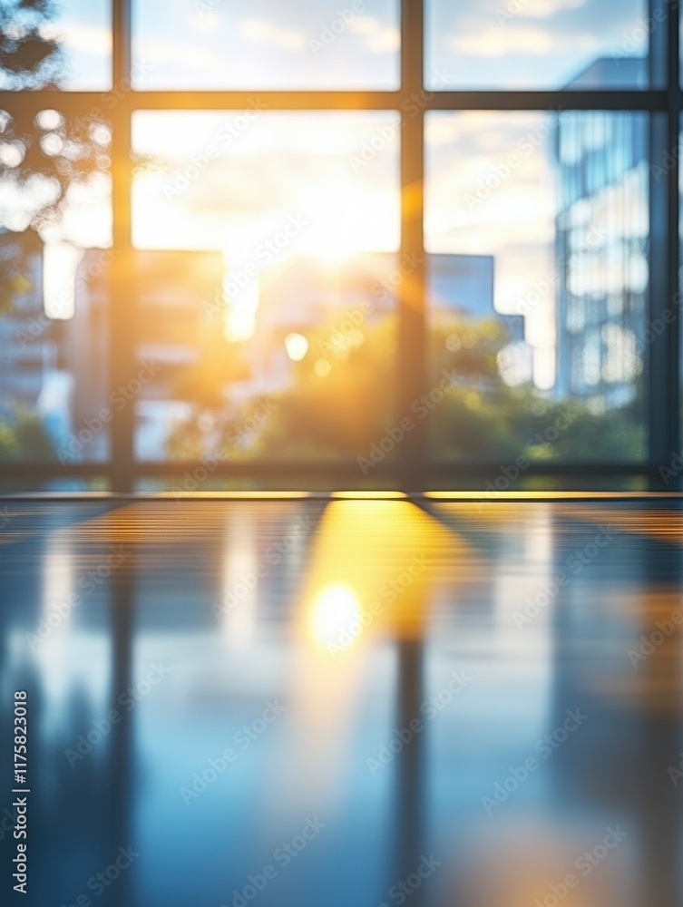 Poster modern business office setting environment blurred background with sunlight reflection on window gla