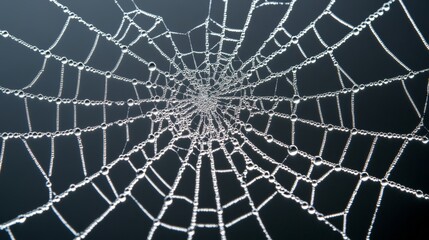 Obraz premium Close up of a spider web adorned with glistening dew drops, showcasing the delicate and intricate patterns formed by the strands against a dark background, creating a mesmerizing effect