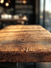 Close-up of a rustic wooden table top with a blurred background of a cafe or restaurant.
