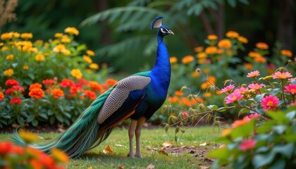 Obraz premium Rainbow Feathered Peacock Standing in Vibrant Garden 