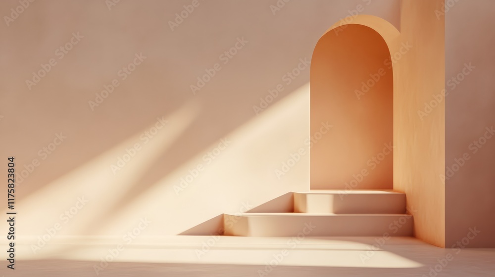Poster Sunlight streams through an archway, illuminating a set of steps leading to a blank wall, creating a warm and inviting space ideal for showcasing products or designs