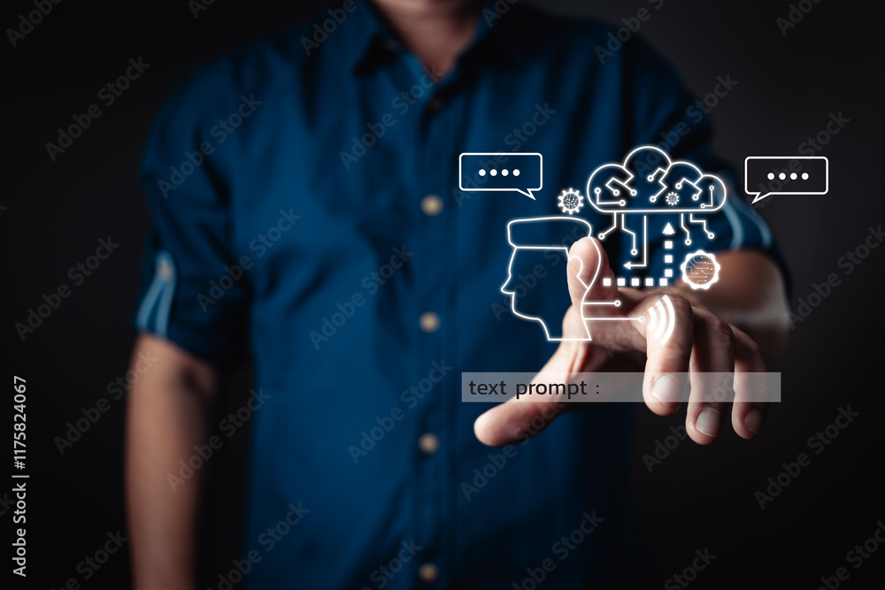Poster a man interacts with a glowing virtual interface displaying ai, chatbot, and neural network icons, s