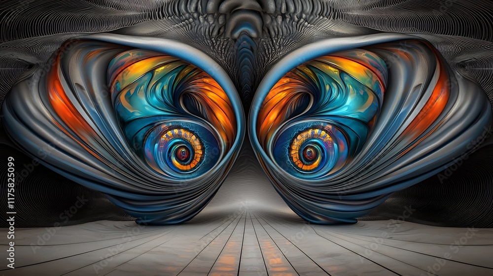Poster dazzling rhythmic iridescent structures in a captivating kaleidoscopic layout with dynamic swirling 